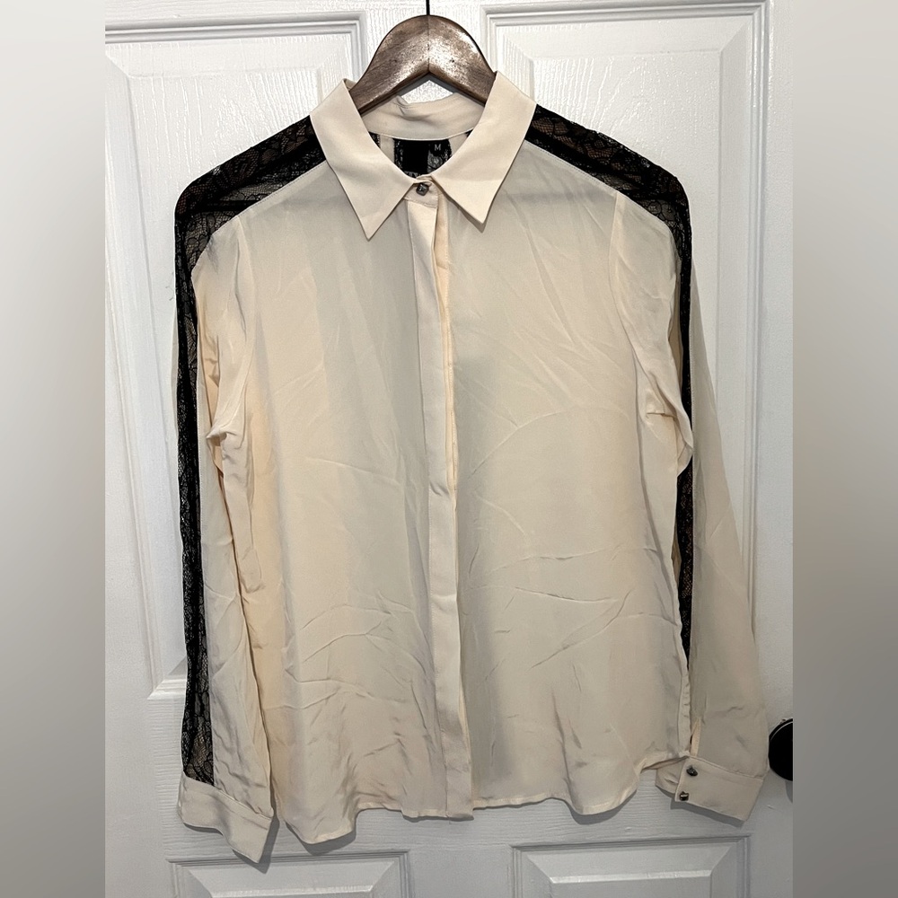 Tt COLLECTION Women's Ivory Silk & Black Lace Long Sleeve Button Down Shirt NEW